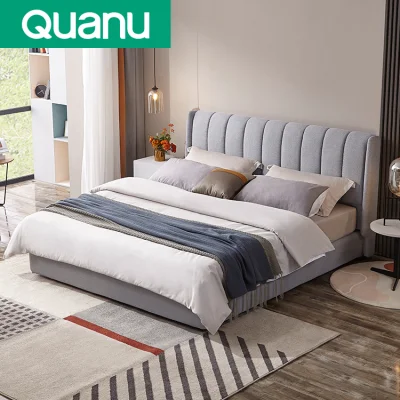 105207 Quanu Современная удобная роскошная двуспальная кровать с обивкой из серой ткани