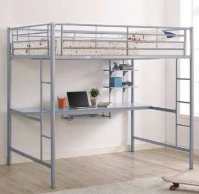 Оптовая продажа Новейшая высокая двухъярусная кровать с металлическим каркасом, рабочим столом и двумя лестницами для подростков.