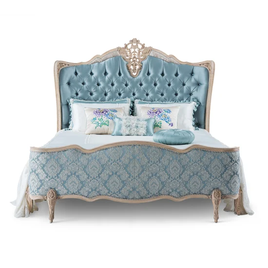 Французская антикварная состаренная мебель из ясеня с резной обивкой из синей ткани, мебель для спальни, королевский размер, каркас королевской свадебной кровати