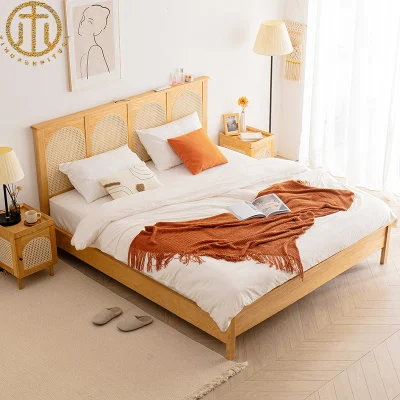 Китайская ретро простая кровать из цельного дерева из ротанга для спальни