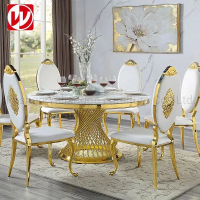Мебель для столовой современного дизайна, мраморный обеденный стол с банкетными стульями из золотой нержавеющей стали.